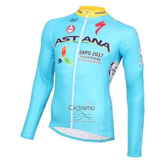 Astana Ropa Ciclismo Culotte Largo 2016 Mangas Largas Azul Claro y AMarillo